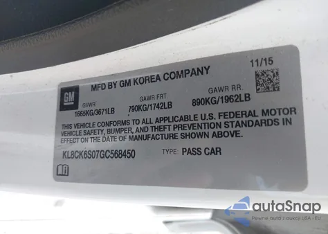 2016 Chevrolet Spark Ev 1Lt z USA, uszkodzony, nr VIN KL8CK6S07GC568450